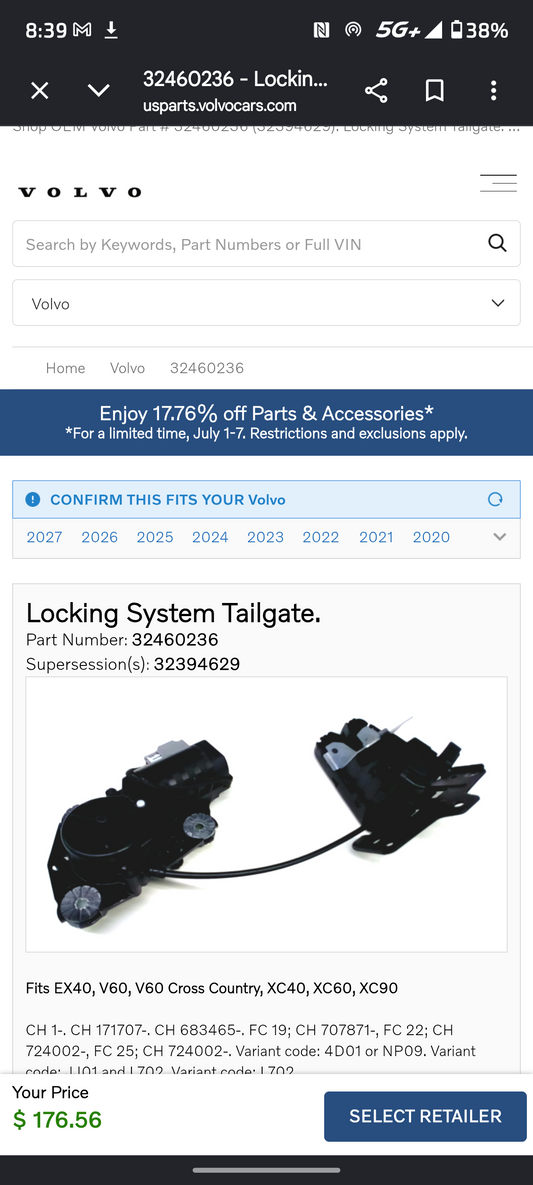 2016-2024 Volvo XC90 / XC60 / XC40 / V60 Rear Tailgate Lock Latch Actuator ππ