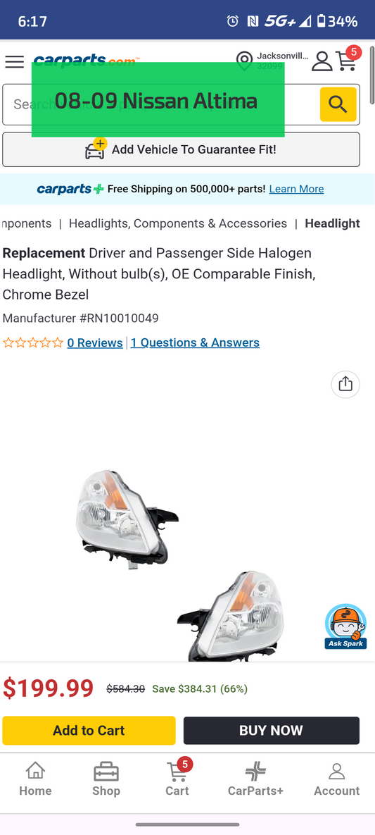 2008-2009 Nissan Altima Coupe Driver & Passenger Side Halogen Headlight Pair Set (Part # RN10010049) ๐๐ก