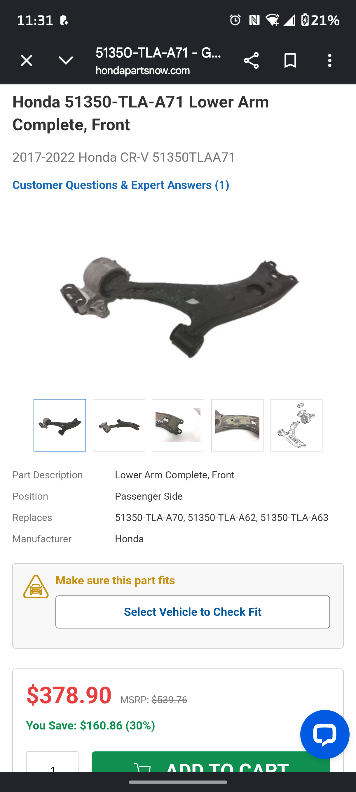 2017-2022 Honda CR-V Front Right Lower Control Arm Assembly Honda šāļø