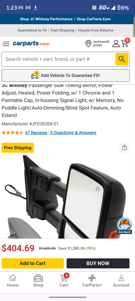 2011-2016 Ford F-250 F-350 Super Duty Passenger Side Power Folding Towing Mirror w/ Memory & Signal (JFD282ER-S1) 🛻🪞