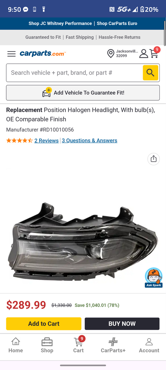 2018-2021 Dodge Charger Driver Side Halogen Headlight Assembly LH ๐๐ก