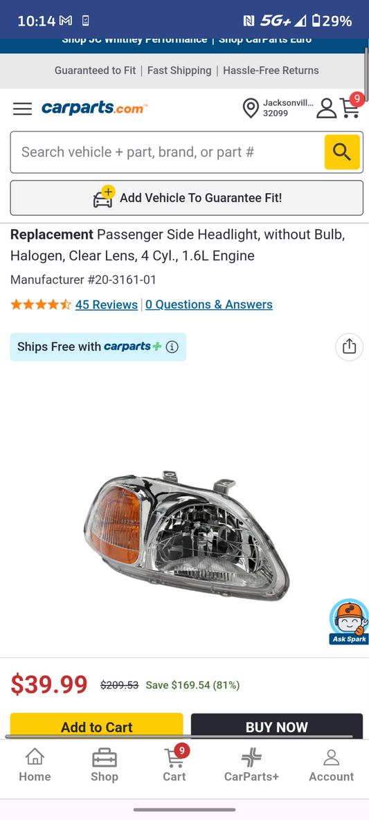 1996-1998 Honda Civic Passenger Side Front Headlight Assembly RH 🚘💡