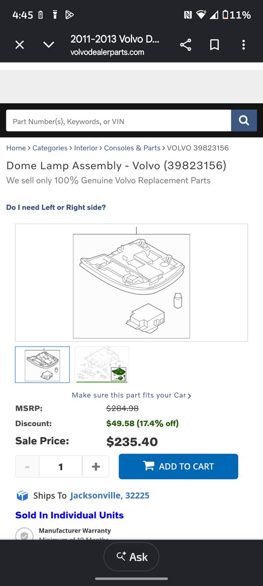 2011-2013 Volvo S60 Front Dome Lamp Assembly π»π‘