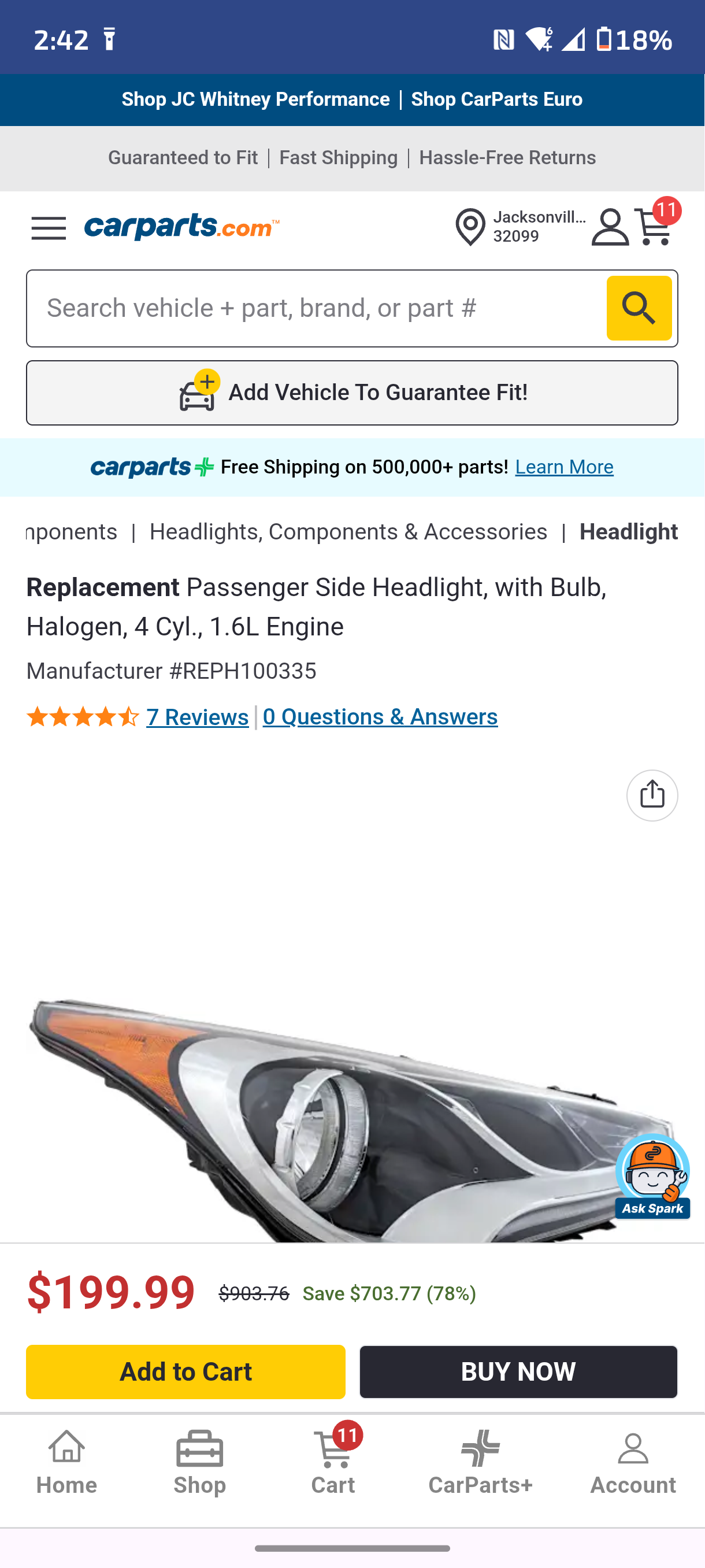 2012-2017 Hyundai Veloster Passenger Side Halogen Headlight π