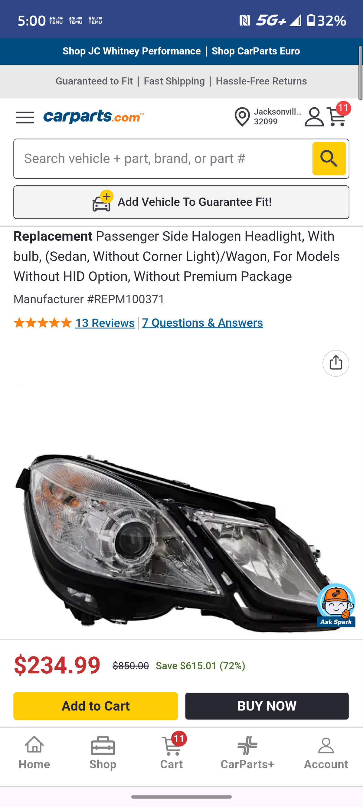 2010-2013 Mercedes-Benz E-Class Passenger Side Halogen Headlight šš”
