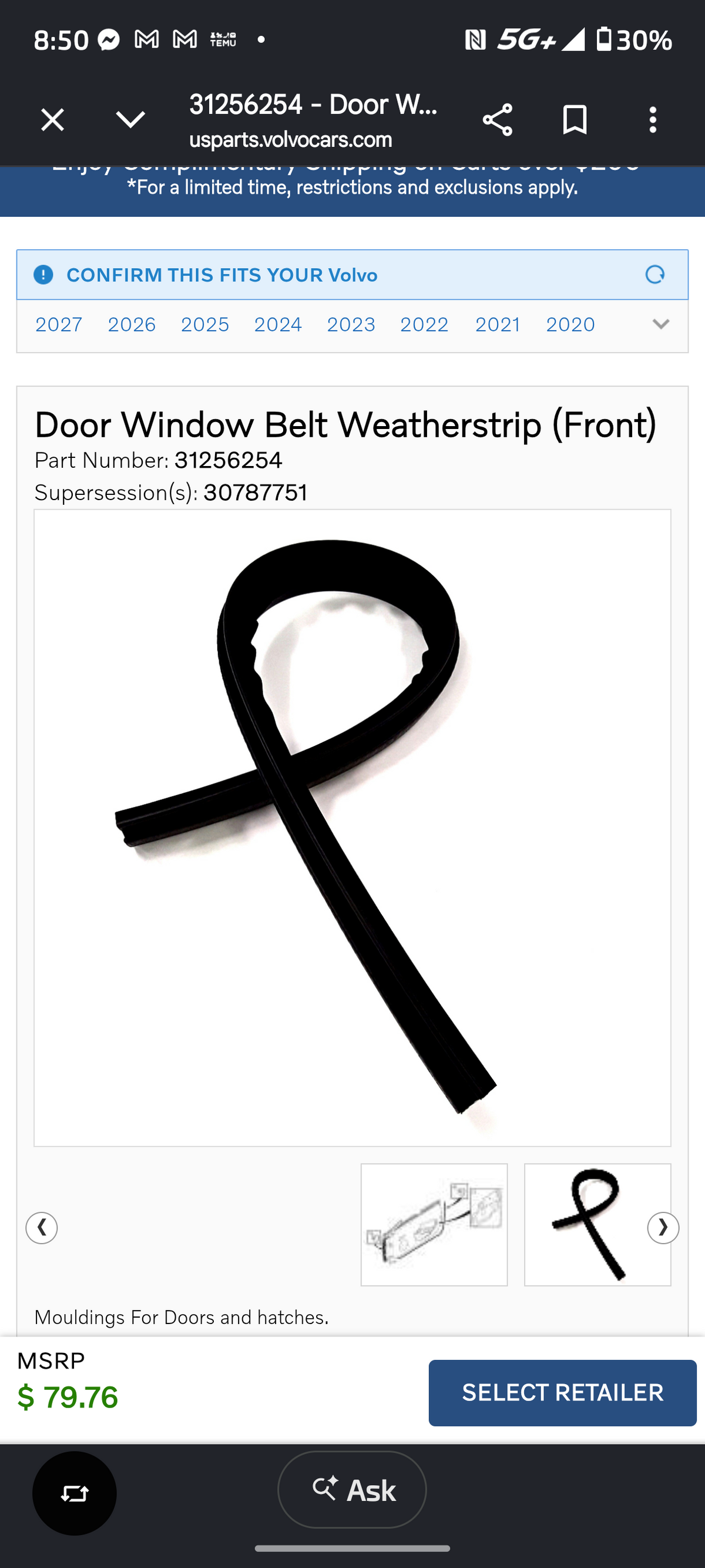 2006-2013 Volvo C70 Genuine Front Door Window Belt Weatherstrip Seal (OEM 31256254) πΈπͺπ