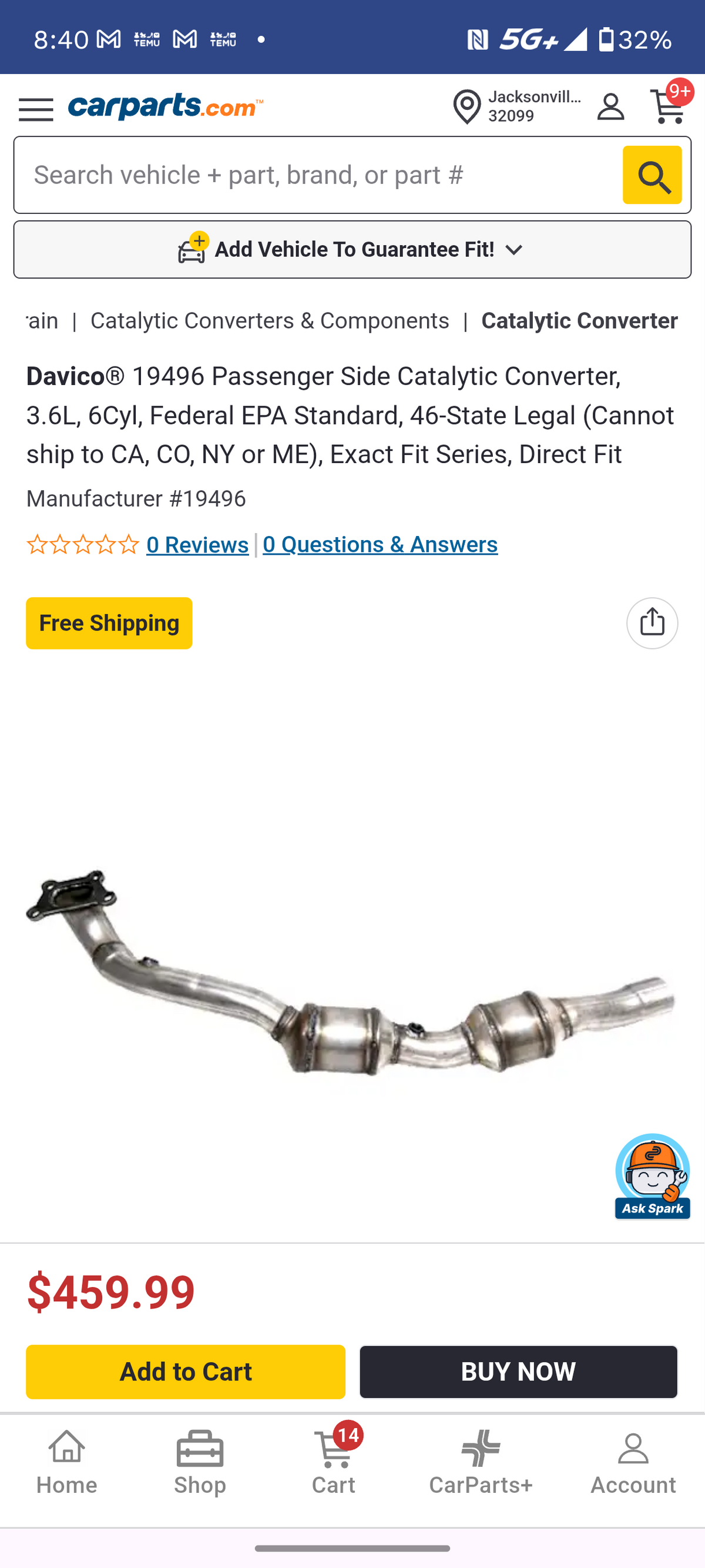2012-2015 Chevy Camaro 3.6L Passenger Side Catalytic Converter Direct Fit ššØ