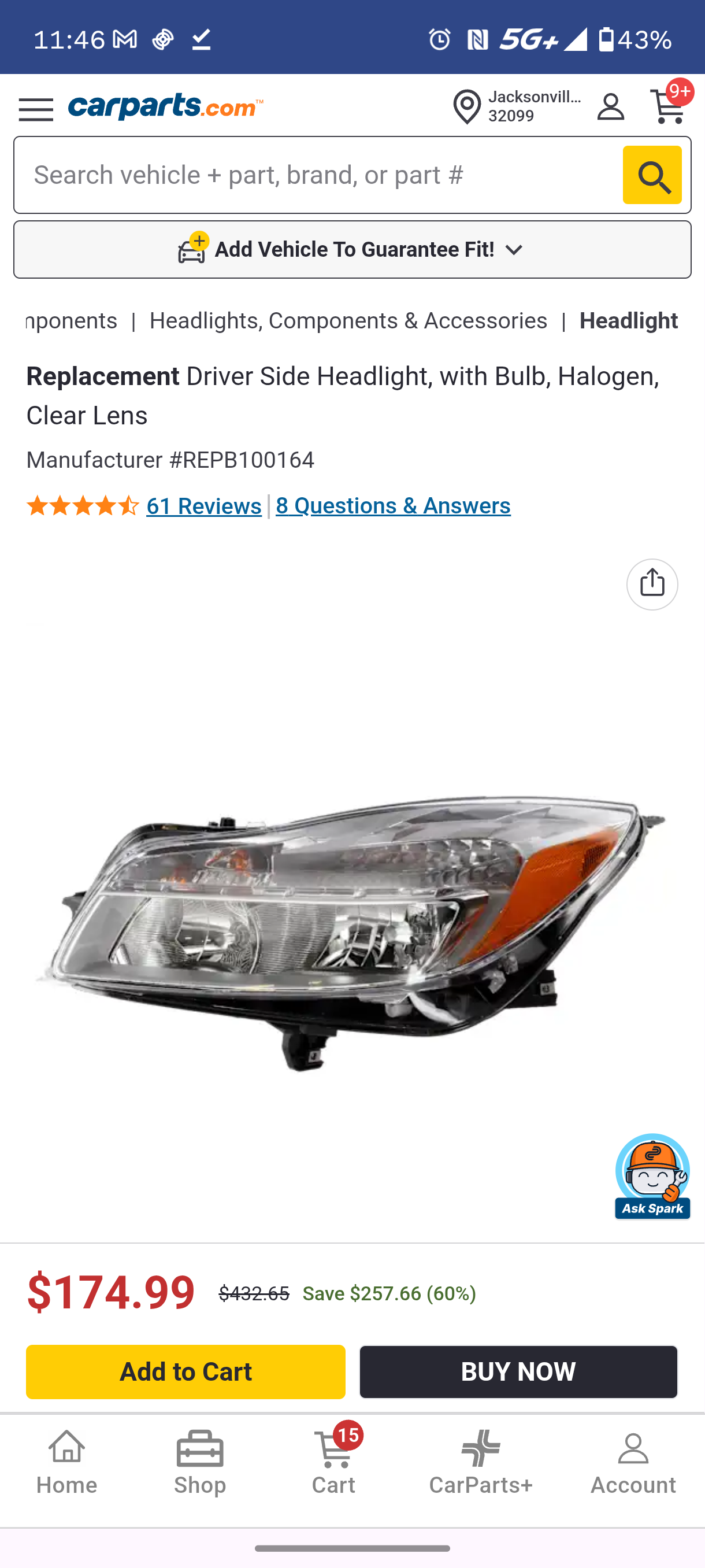 2011-2013 Buick Regal Driver Side Halogen Headlight