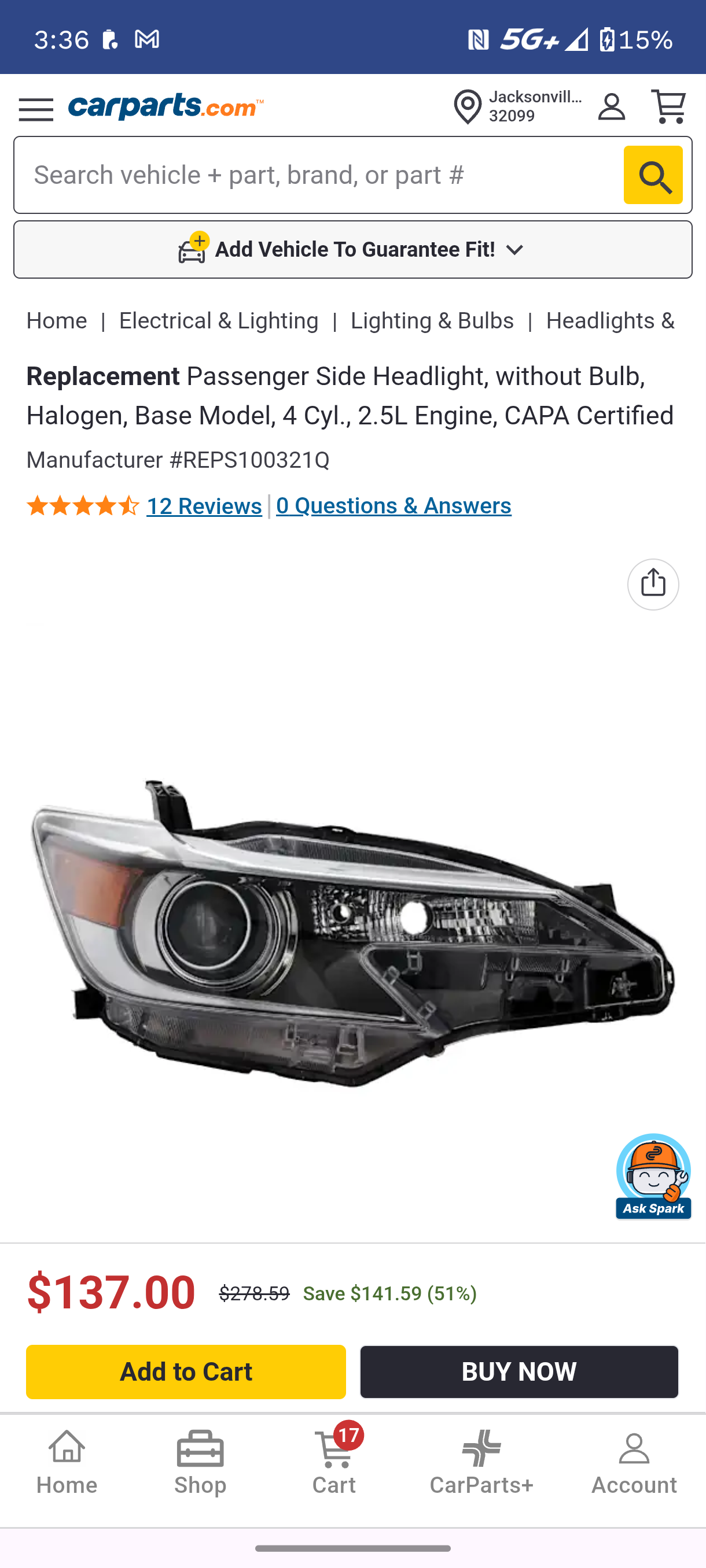 2014-2016 Scion tC Passenger Right Side Halogen Headlight Assembly (CAPA Certified) šš”