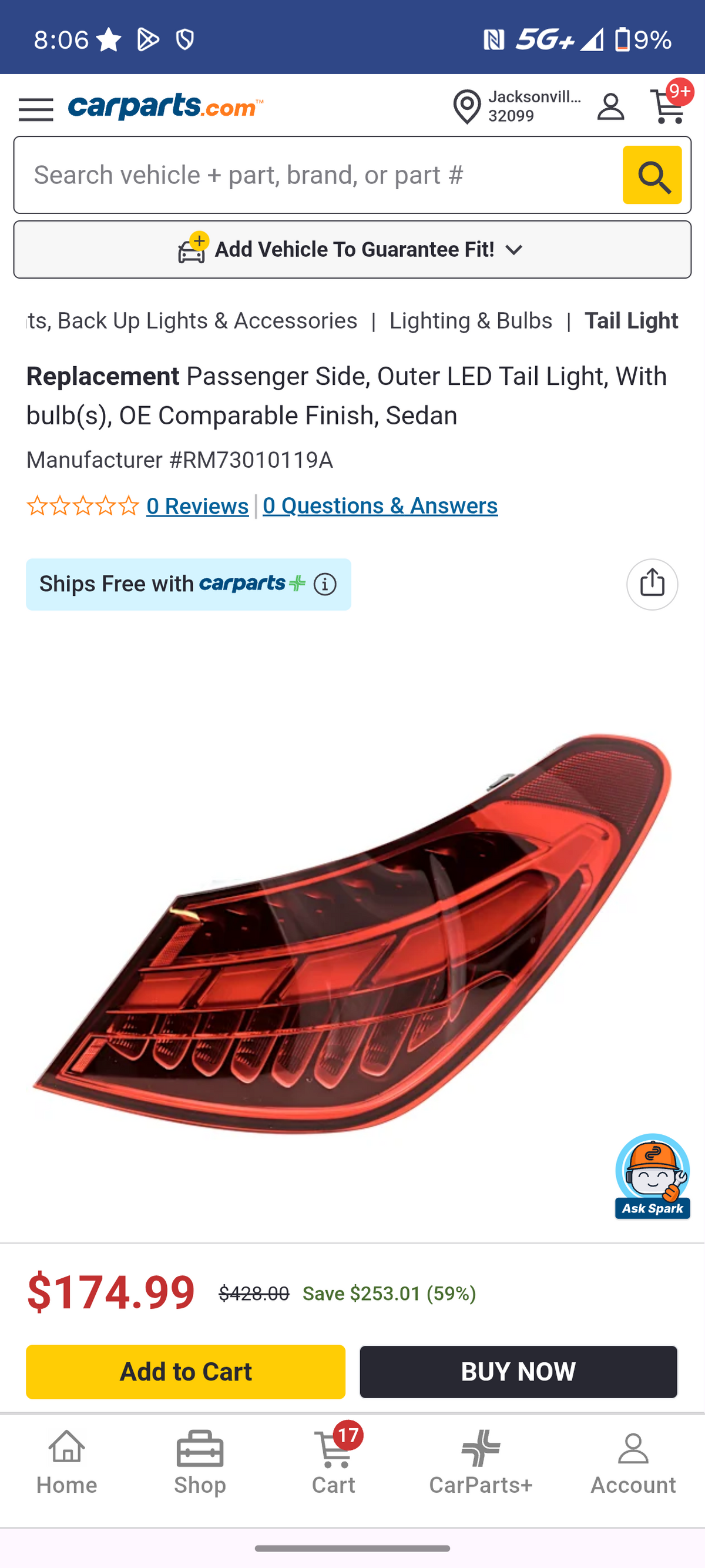 2015-2020 Mercedes-Benz C-Class W205 Sedan Passenger Side Outer LED Tail Light šš”