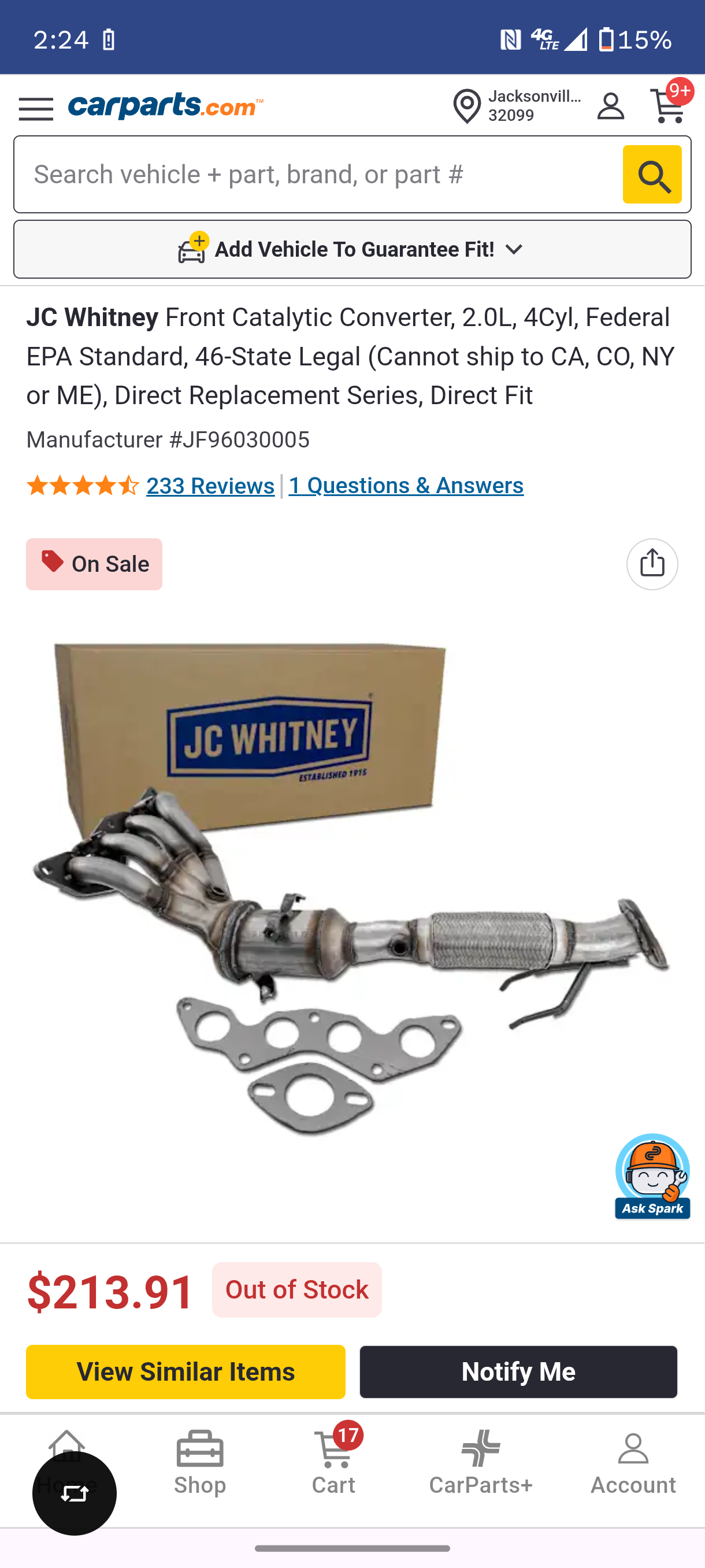 2012-2018 Ford Focus 2.0L 4Cyl Front Catalytic Converter & Exhaust Manifold Assembly ๐๐จ