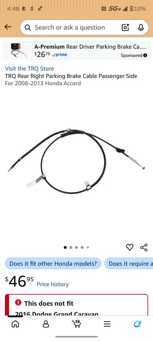 2008-2012 Honda Accord Rear Passenger Side Parking Emergency Brake Cable (Right RH) 🚘🔩