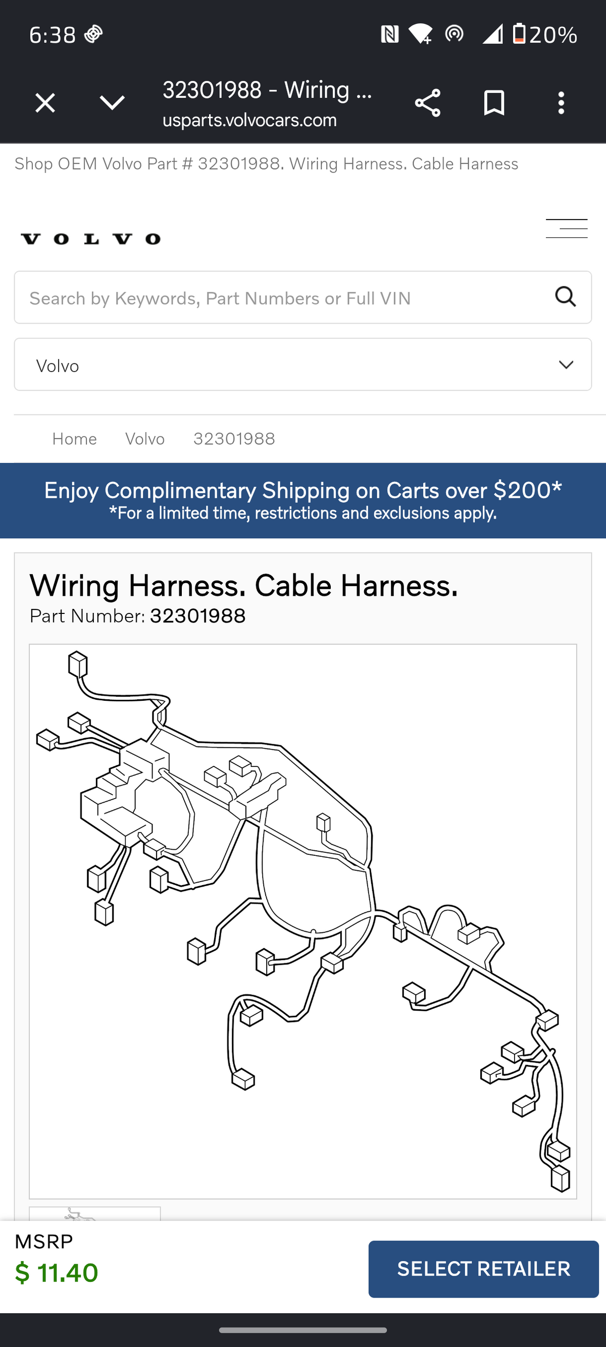 2016β2024 Volvo S60 / S90 / V60 / V90 / XC60 / XC90 Wiring Cable Harness (Genuine OE 32301988) πβ‘