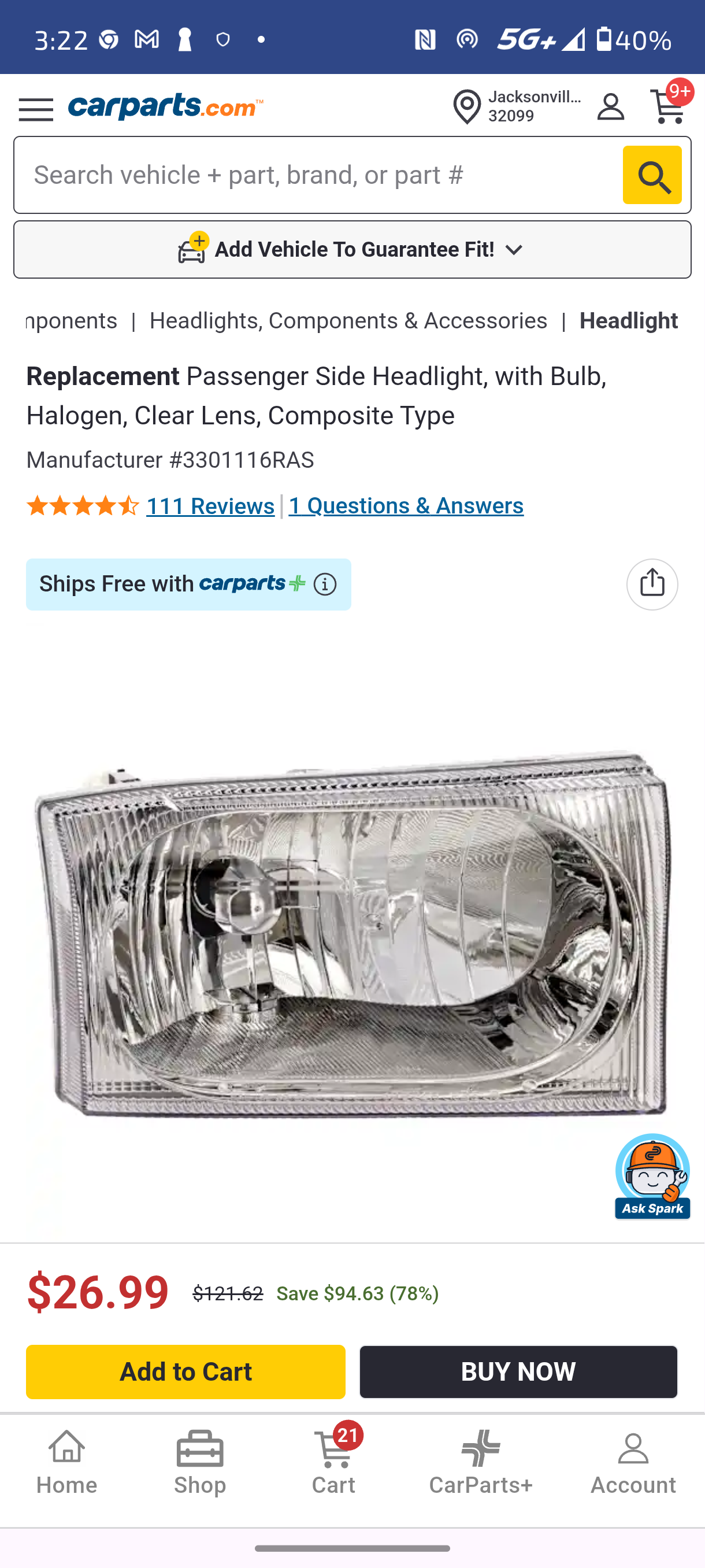 1999β2004 Ford F-250 / F-350 / F-450 / F-550 Super Duty & 2000β2004 Ford Excursion Passenger Side Composite Halogen Headlight Assembly ππ‘
