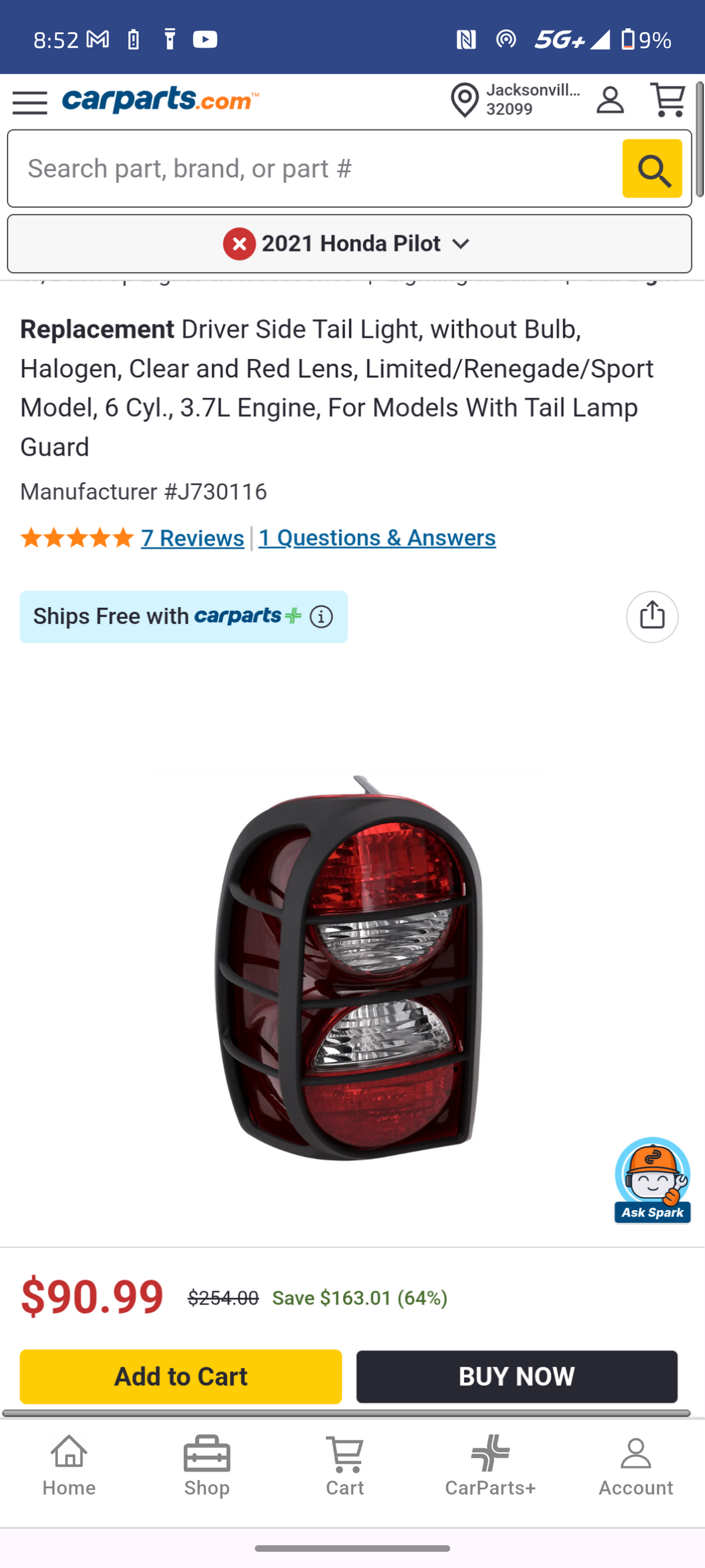 2005β2007 Jeep Liberty Driver Side Tail Light Assembly with Guard (Halogen, Clear & Red Lens) ππ‘