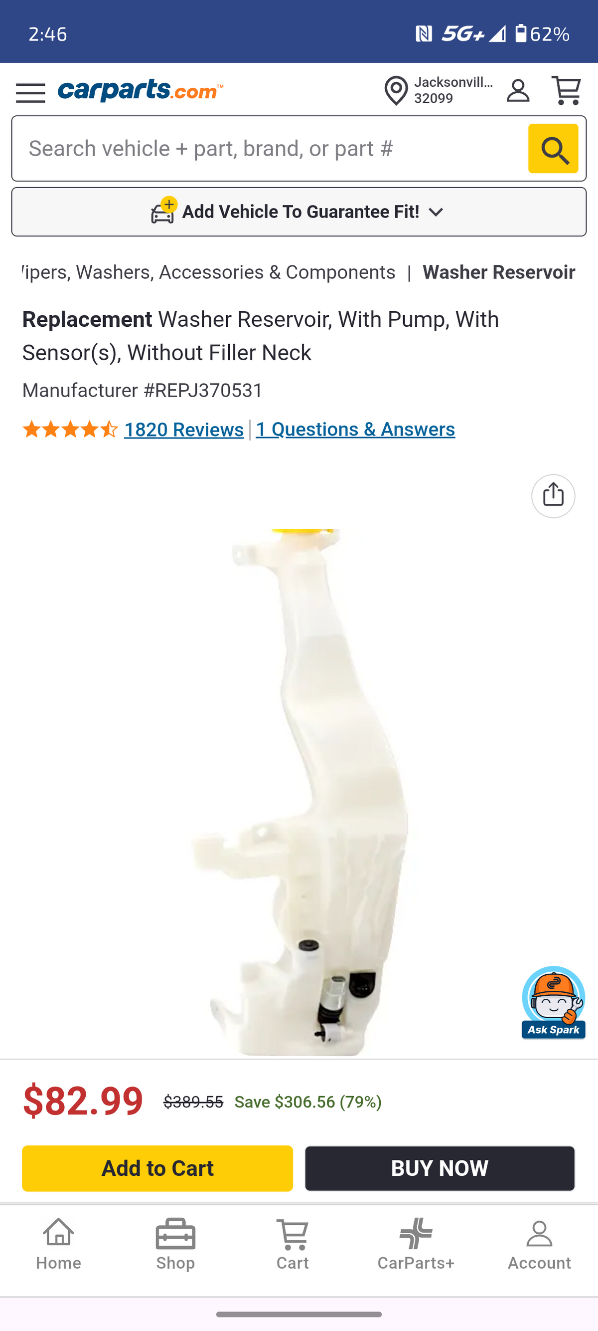 2011β2021 Jeep Grand Cherokee Windshield Washer Reservoir Assembly with Pump & Sensor (Without Filler Neck) ππ¦