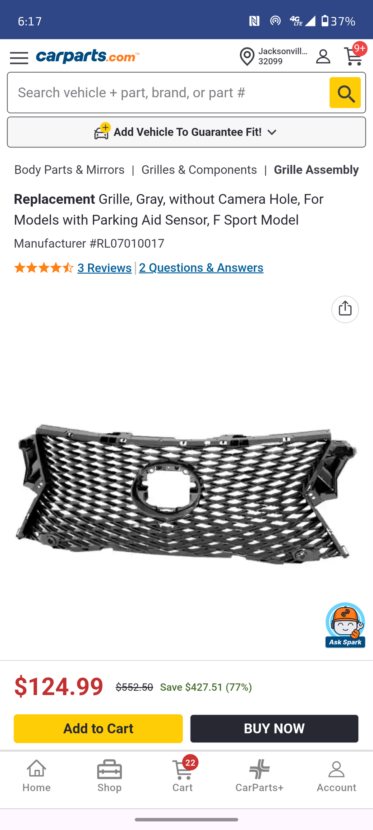 2016β2022 Lexus RX350 & RX450h F Sport Front Upper Bumper Grille Assembly (Gray) ππ‘οΈ