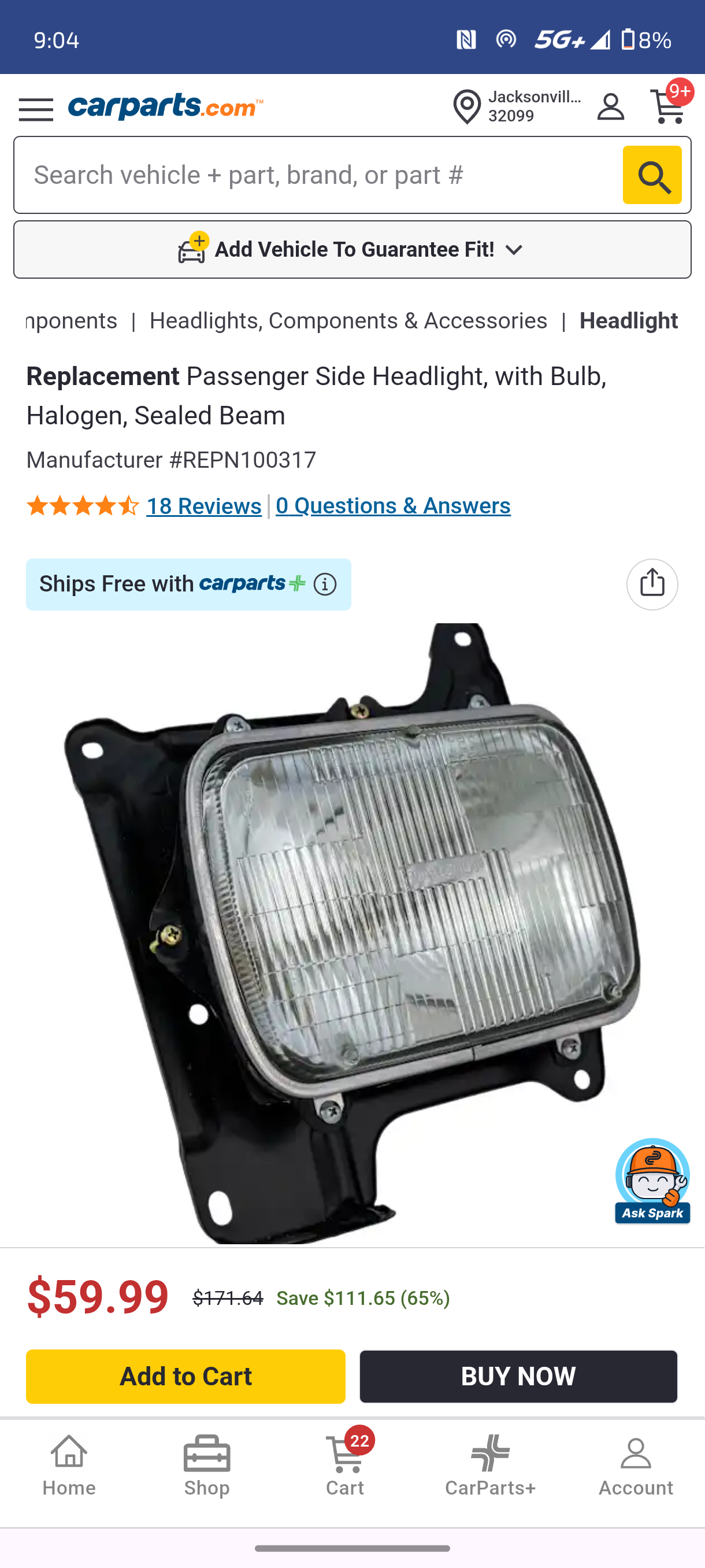 1986β1997 Nissan Hardbody (D21) Pickup Passenger Side Halogen Sealed Beam Headlight Assembly ππ»π¨