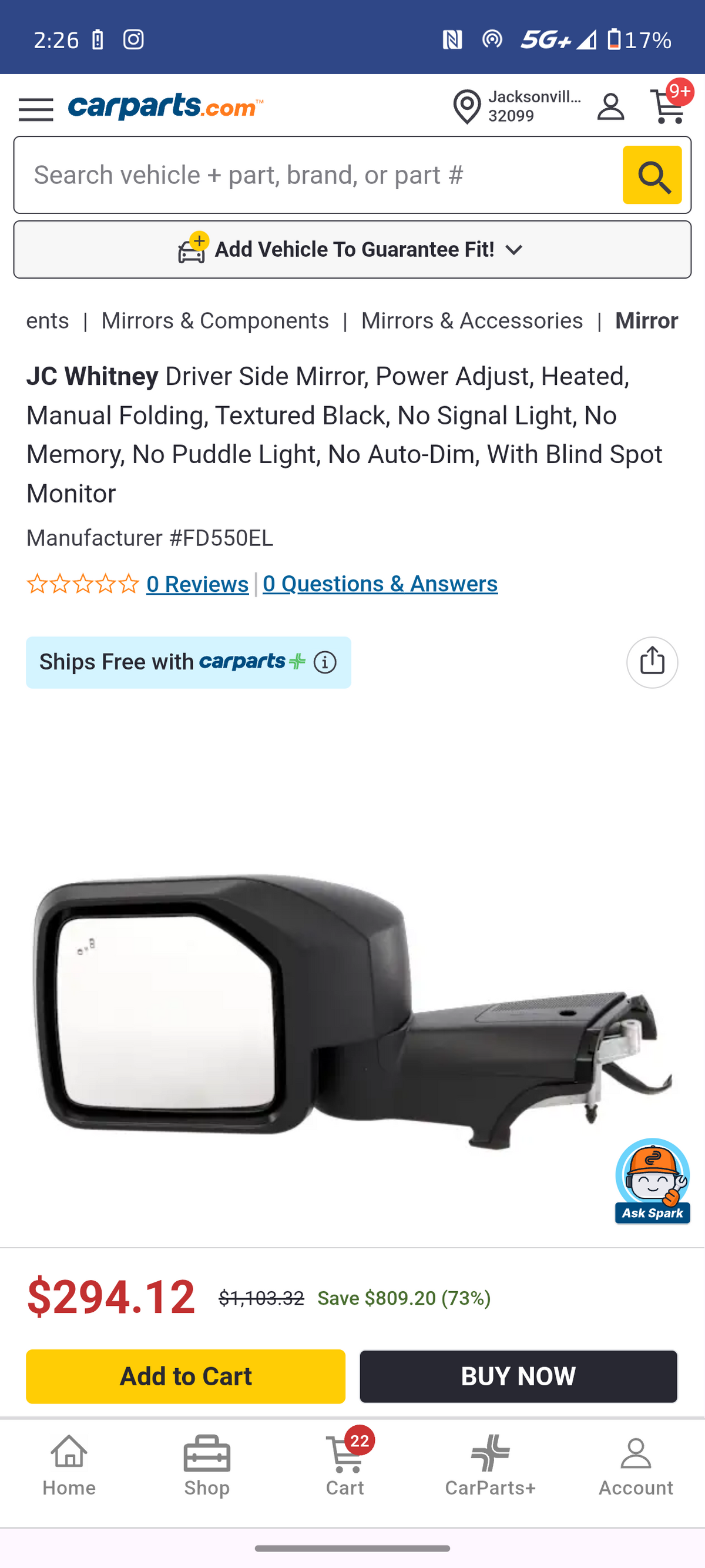 2021β2024 Ford Bronco Driver Side Power Heated Door Mirror w/ Blind Spot Monitor (Textured Black) ππͺ