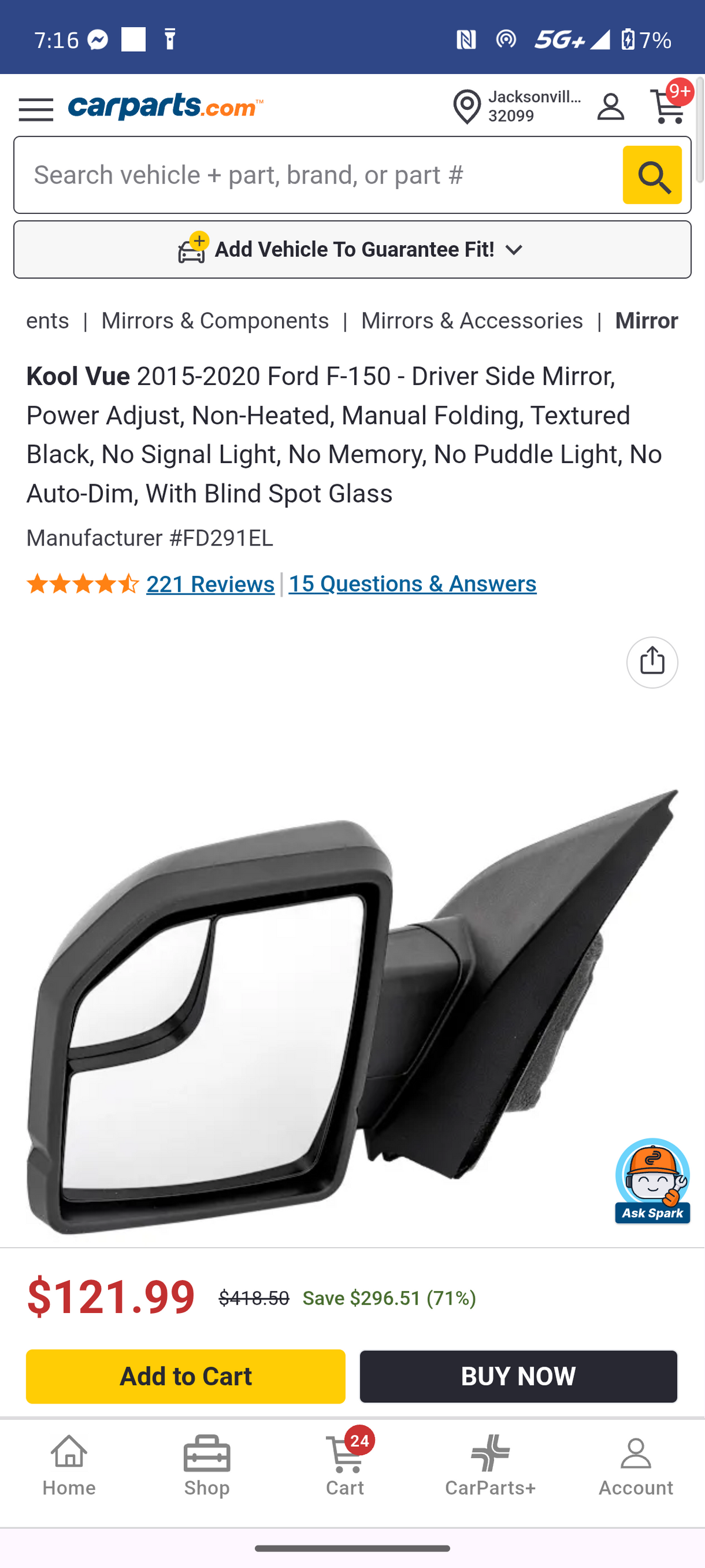 2015β2020 Ford F-150 Driver Side Power Non-Heated Mirror π πͺ