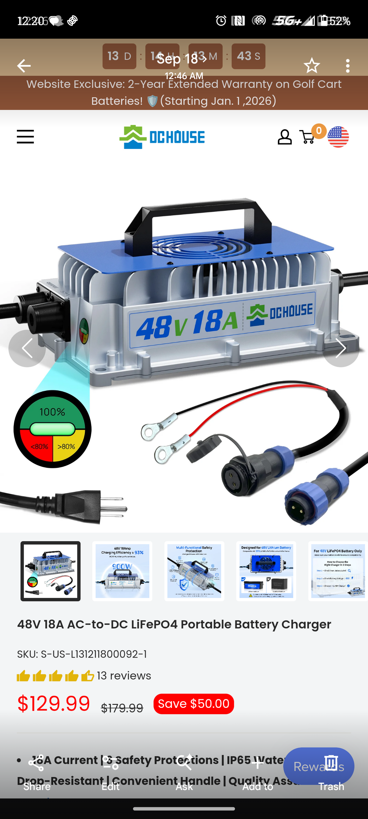 DCHOUSE 48V 18A Portable LiFePO4 Smart Battery Charger (900W High-Speed Charger) β‘π