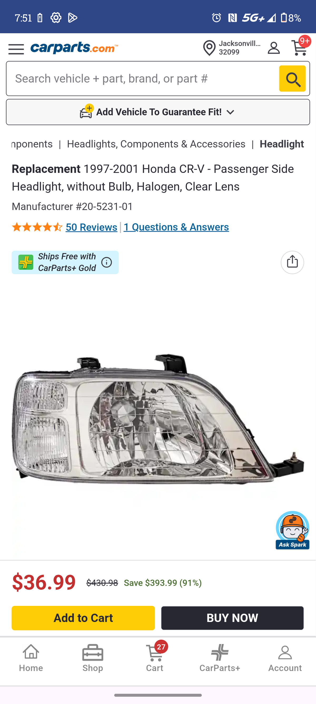 1997β2001 Honda CR-V Passenger Side Halogen Headlight Assembly β‘π