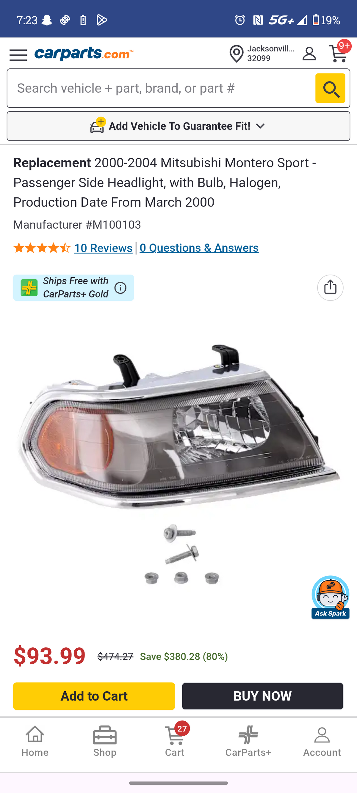 2000β2004 Mitsubishi Montero Sport Passenger Side Halogen Headlight Assembly β‘π