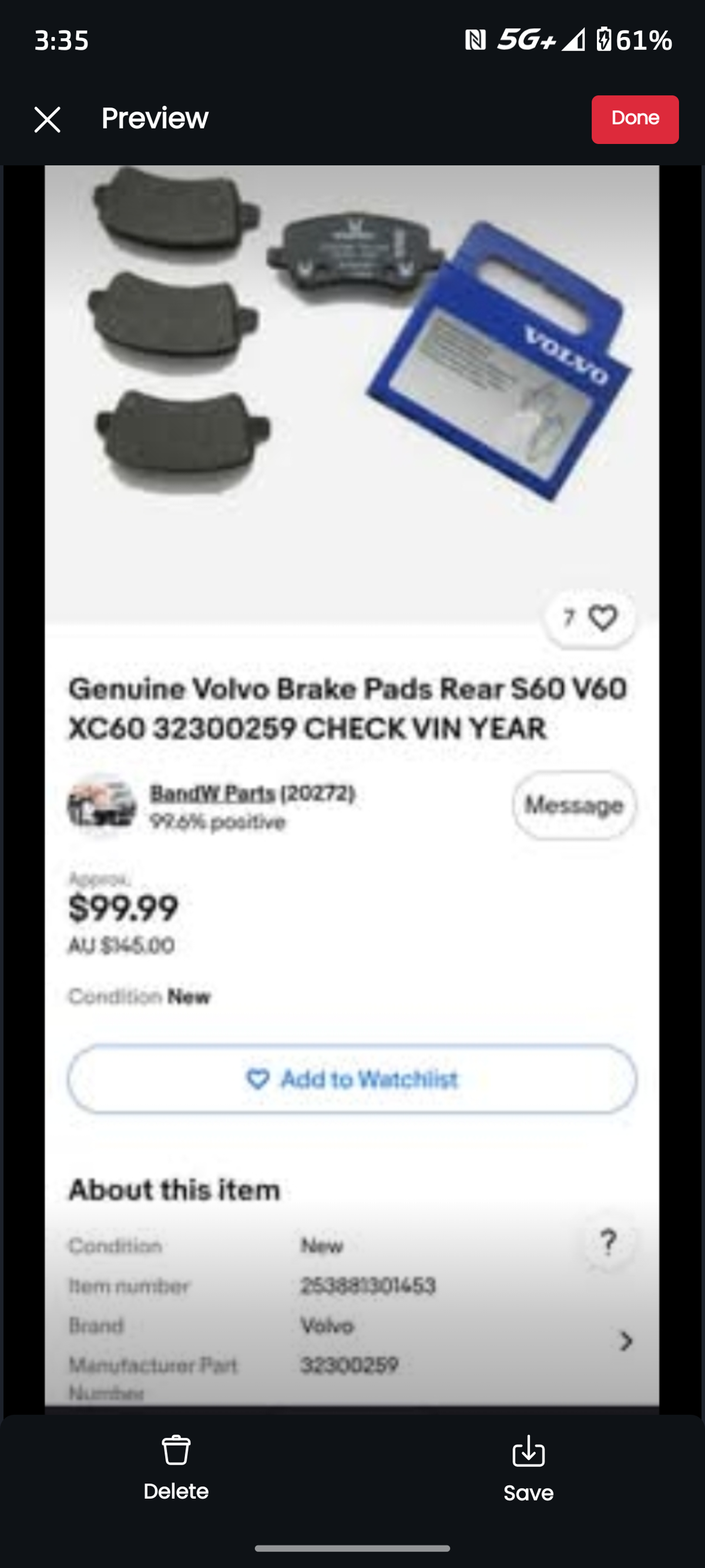 2007-2018 Volvo S60 / S80 / V60 / XC70 Rear Disc Brake Pad Set 🚗🛑