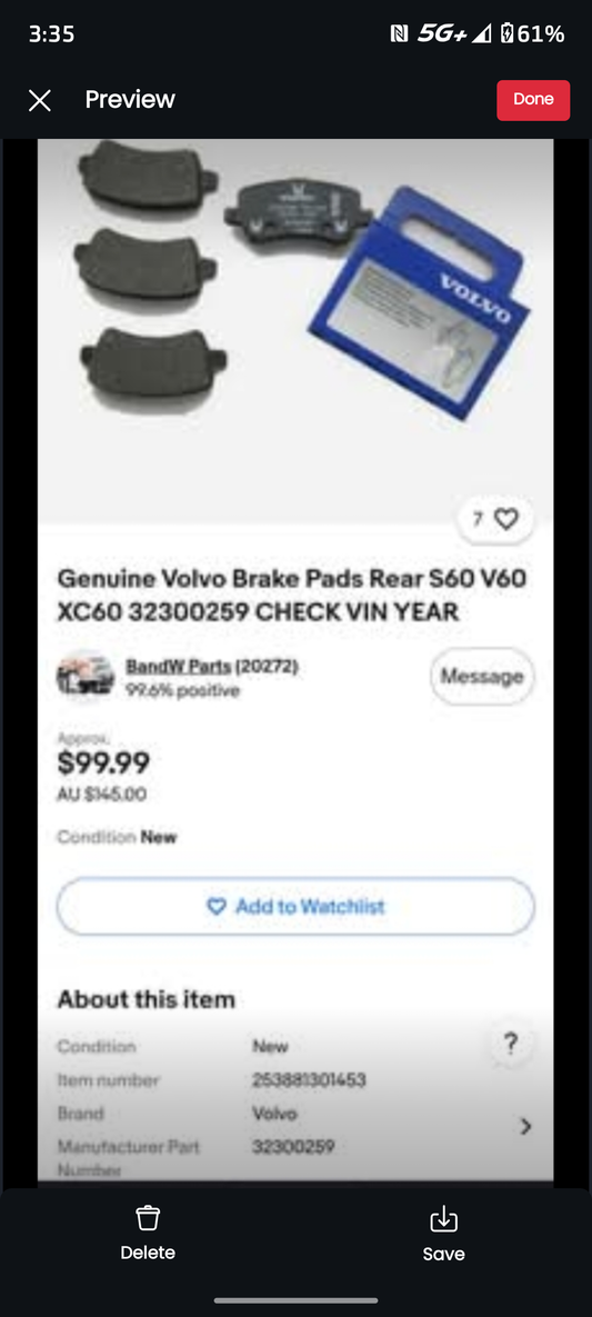 2007-2018 Volvo S60 / S80 / V60 / XC70 Rear Disc Brake Pad Set 🚗🛑