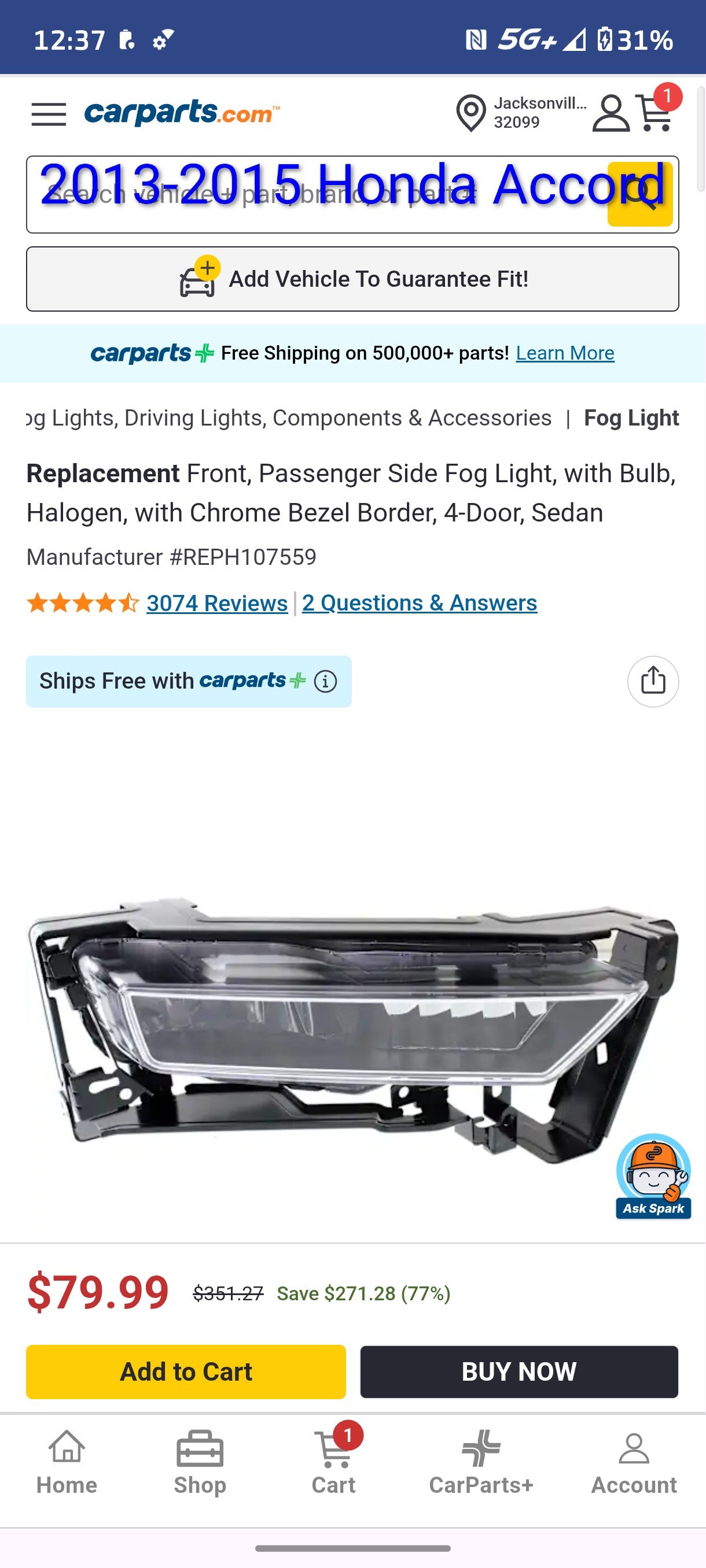 2013-2015 Honda Accord Sedan Passenger Side Halogen Fog Light Assembly 🚗💡