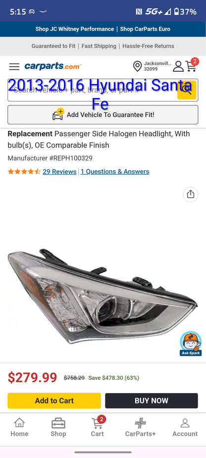2013-2016 Hyundai Santa Fe Sport Passenger Side Halogen Headlight w/ Bulbs (RH) 🇰🇷💡
