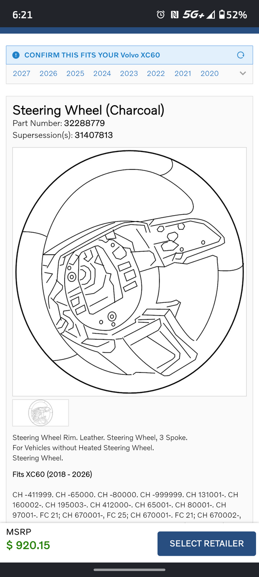 2016-2025 Volvo XC90 Genuine OEM Charcoal Leather Steering Wheel Assembly (32288779) πΈπͺποΈ
