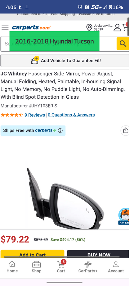 2016-2018 Hyundai Tucson Passenger Side Power Heated View Mirror 🚙🪞