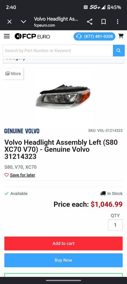 2007-2014 Volvo S80 V70 XC70 Driver Side Active Xenon / HID Headlight Assembly (LH) 🇸🇪💡