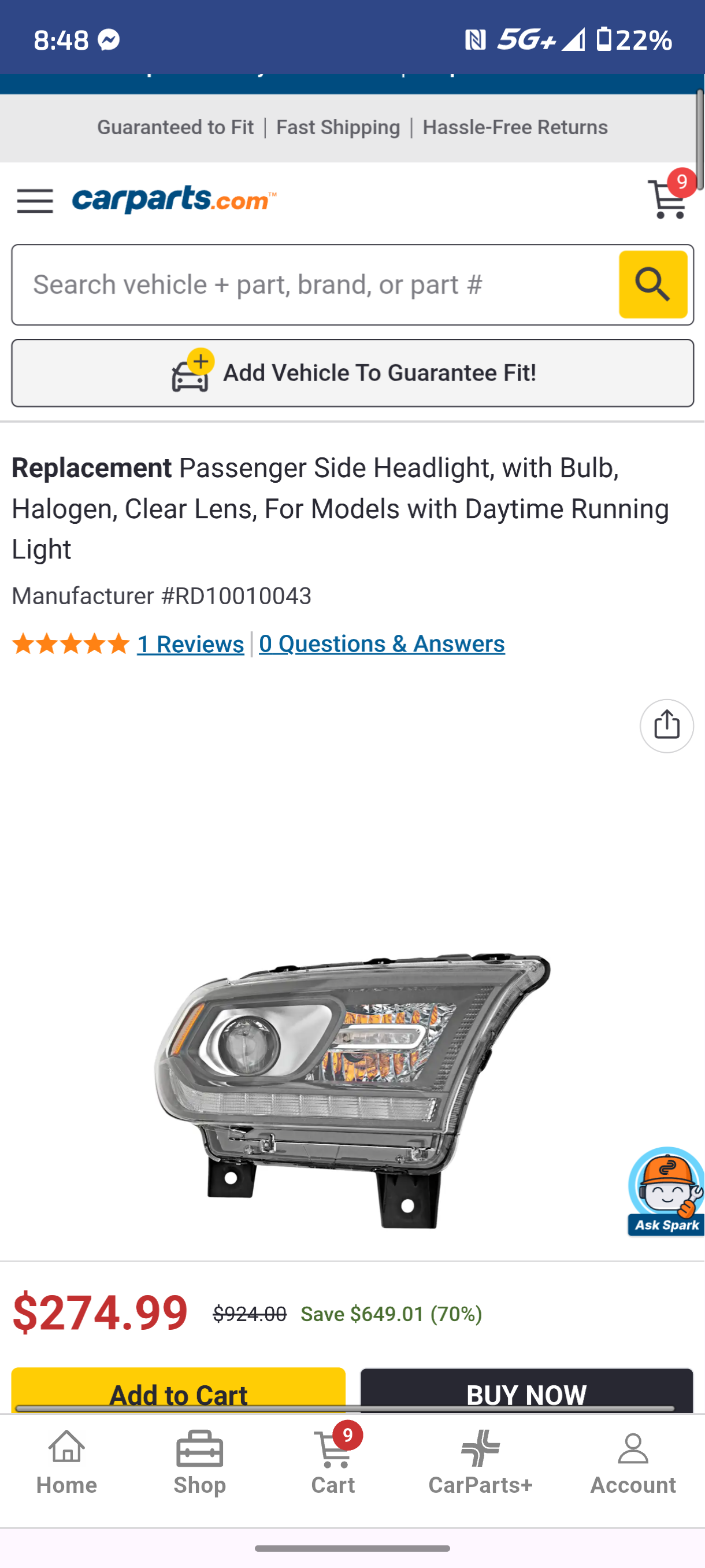 2014-2015 Dodge Durango Passenger Side Halogen Headlight Assembly w/ Daytime Running Lights (Part # RD10010043) 🚗💡