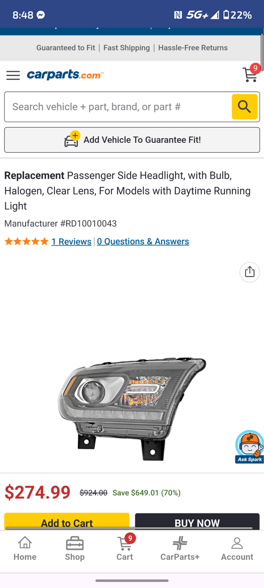 2014-2015 Dodge Durango Passenger Side Halogen Headlight Assembly w/ Daytime Running Lights (Part # RD10010043) 🚗💡