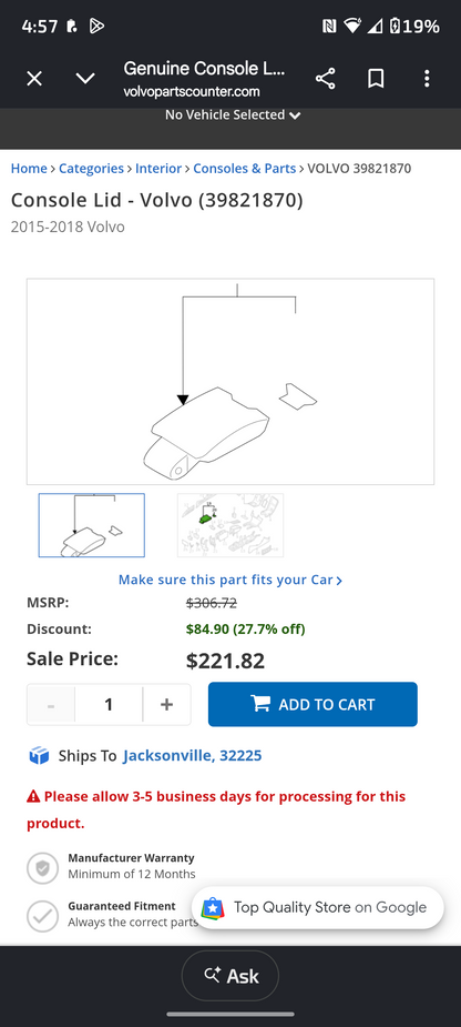 2015-2018 Volvo S60 V60 XC60 Center Console Armrest Lid Cover 🛻💡