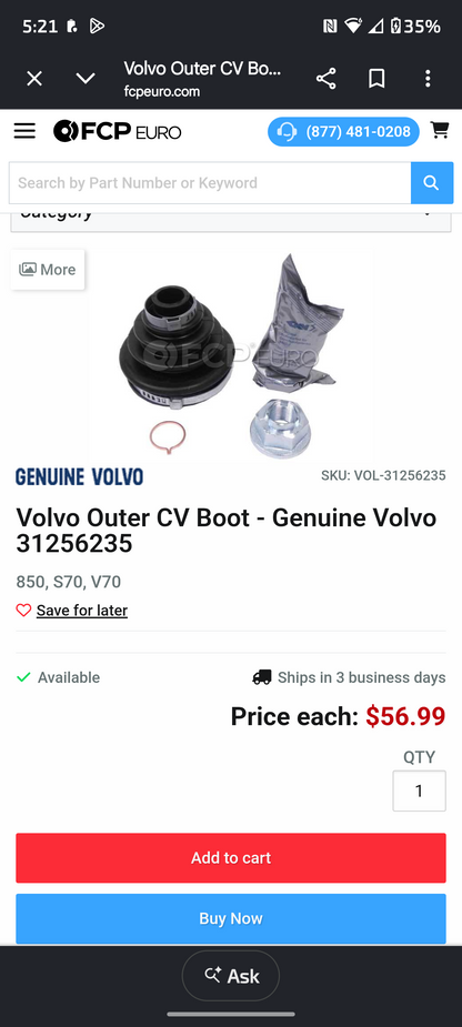 1993-1998 Volvo 850 S70 V70 Front Outer CV Axle Joint Boot Kit 🛻💡