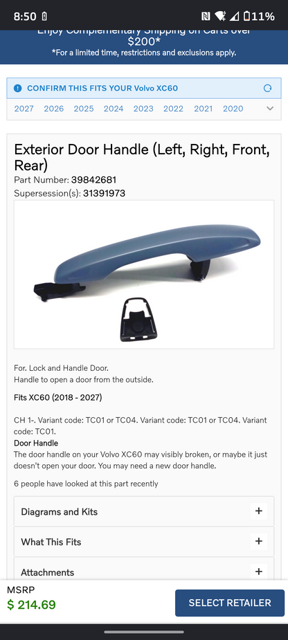 2016-2024 Volvo XC90 XC60 S90 V90 Exterior Door Handle 🛻💡