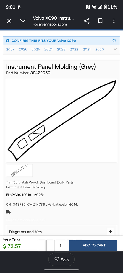 2022-2025 Volvo XC90 Right Dashboard Instrument Panel Trim Molding 🛻💡