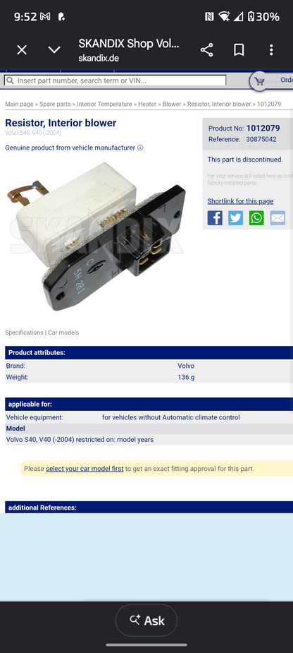 1996-2004 Volvo S40 & V40 HVAC Blower Motor Resistor 🛻💡