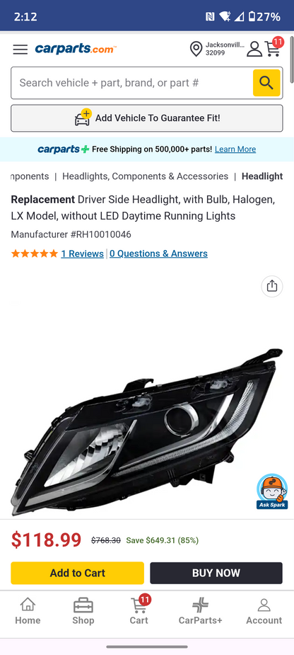 2018-2022 Honda Odyssey Driver Side Halogen Headlight 🚗💡