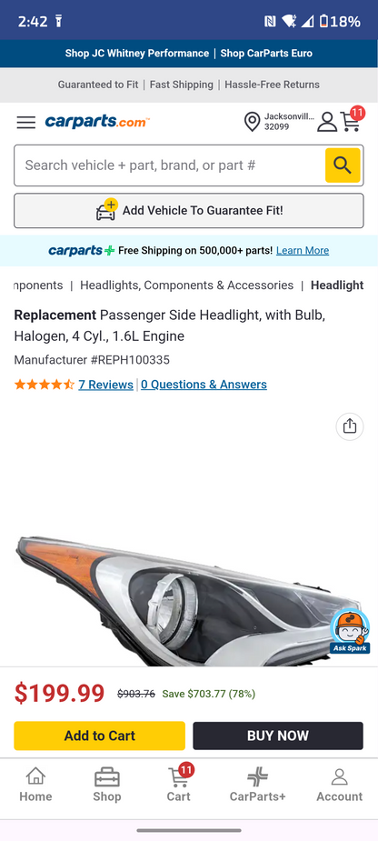 2012-2017 Hyundai Veloster Passenger Side Halogen Headlight 🚗