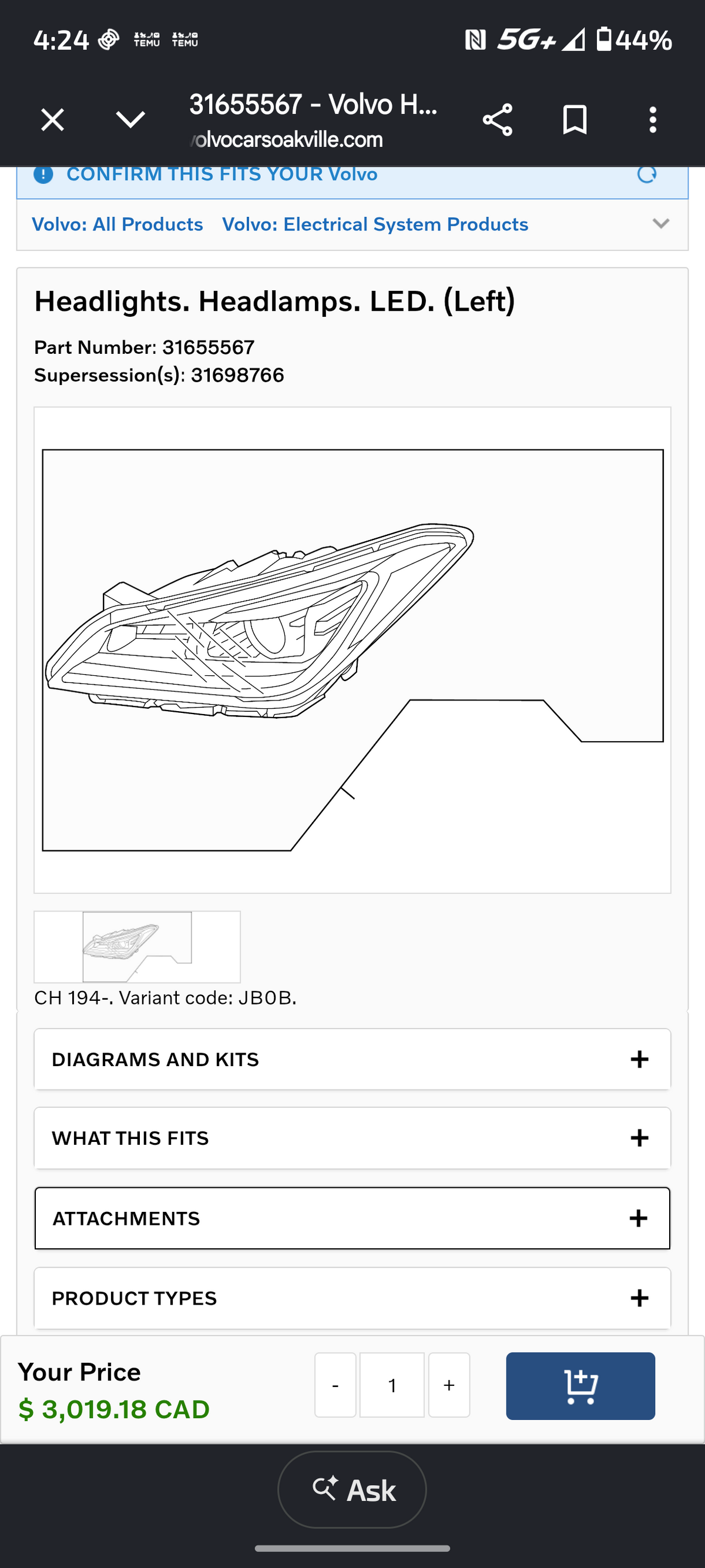 2017-2021 Volvo S90 / V90 & 2020-2021 Polestar 1 Driver Side LED Headlight Assembly (Part # 31655567) 🇸🇪💡 Full LED Headlight Assembly 🚗💡