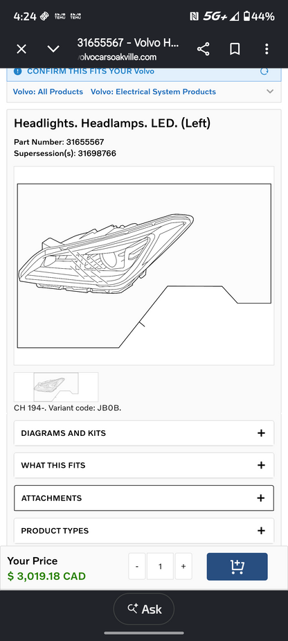 2017-2021 Volvo S90 / V90 & 2020-2021 Polestar 1 Driver Side LED Headlight Assembly (Part # 31655567) 🇸🇪💡 Full LED Headlight Assembly 🚗💡