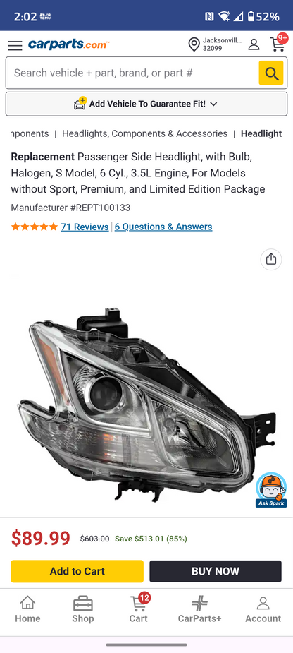 2009-2014 Nissan Maxima Passenger Side Halogen Headlight Assembly (Right) 🚗💡