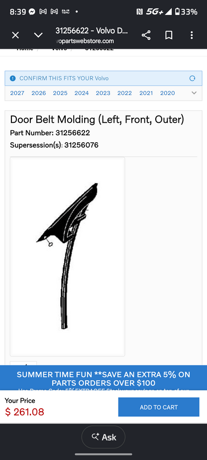 2006-2013 Volvo C70 Genuine Driver Side Front Outer Door Belt Molding / Weatherstrip (OEM 31256622) 🇸🇪🚗