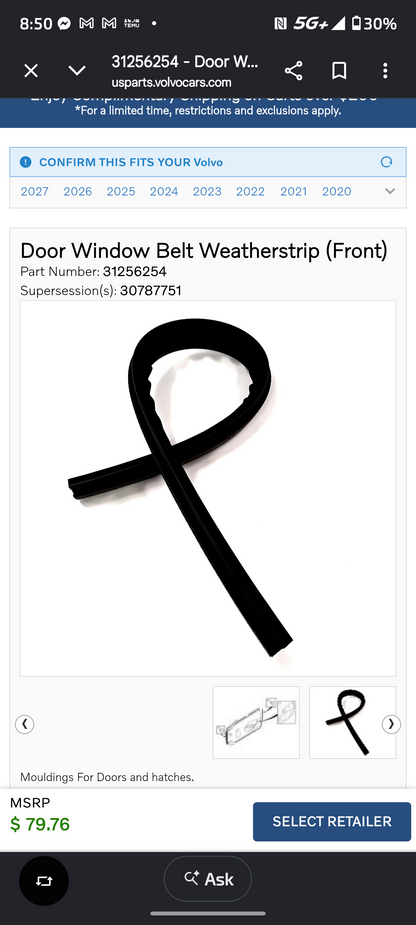 2006-2013 Volvo C70 Genuine Front Door Window Belt Weatherstrip Seal (OEM 31256254) 🇸🇪🚗