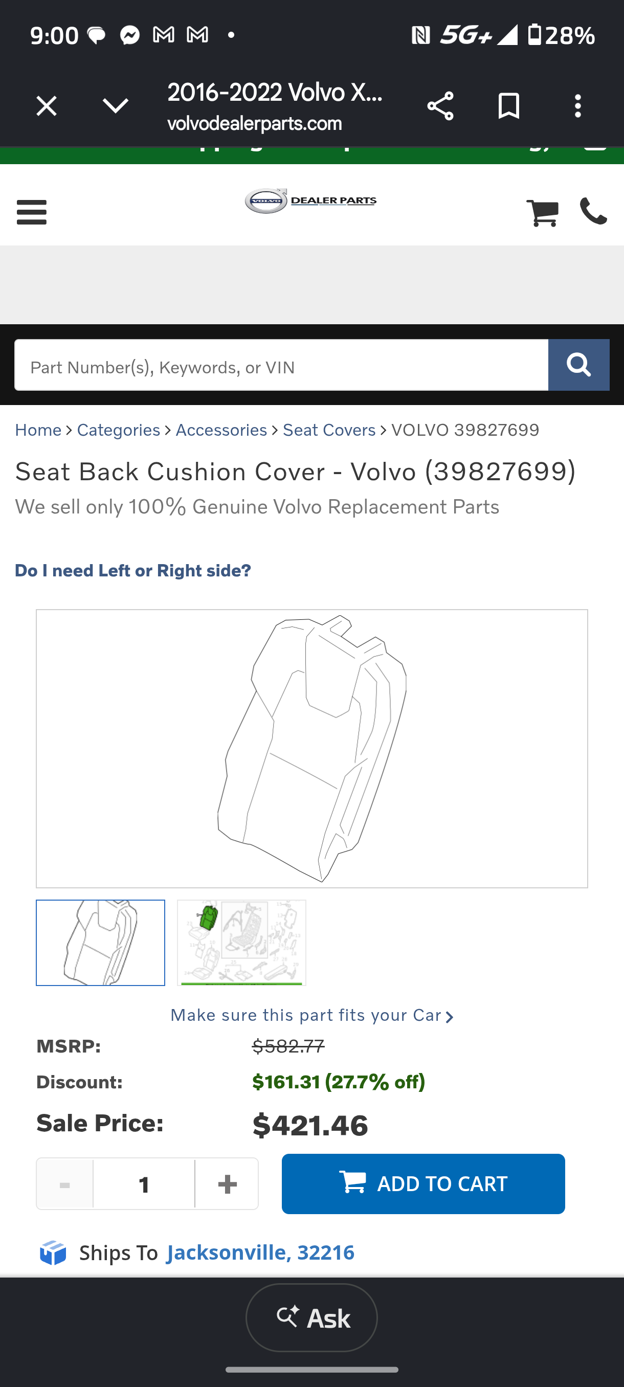 2016-2022 Volvo XC90 Genuine Right Rear Outer Seat Back Cover Cushion Upholstery (OEM 39827699) 🇸🇪🪑