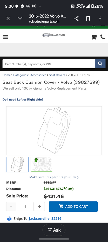 2016-2022 Volvo XC90 Genuine Right Rear Outer Seat Back Cover Cushion Upholstery (OEM 39827699) 🇸🇪🪑